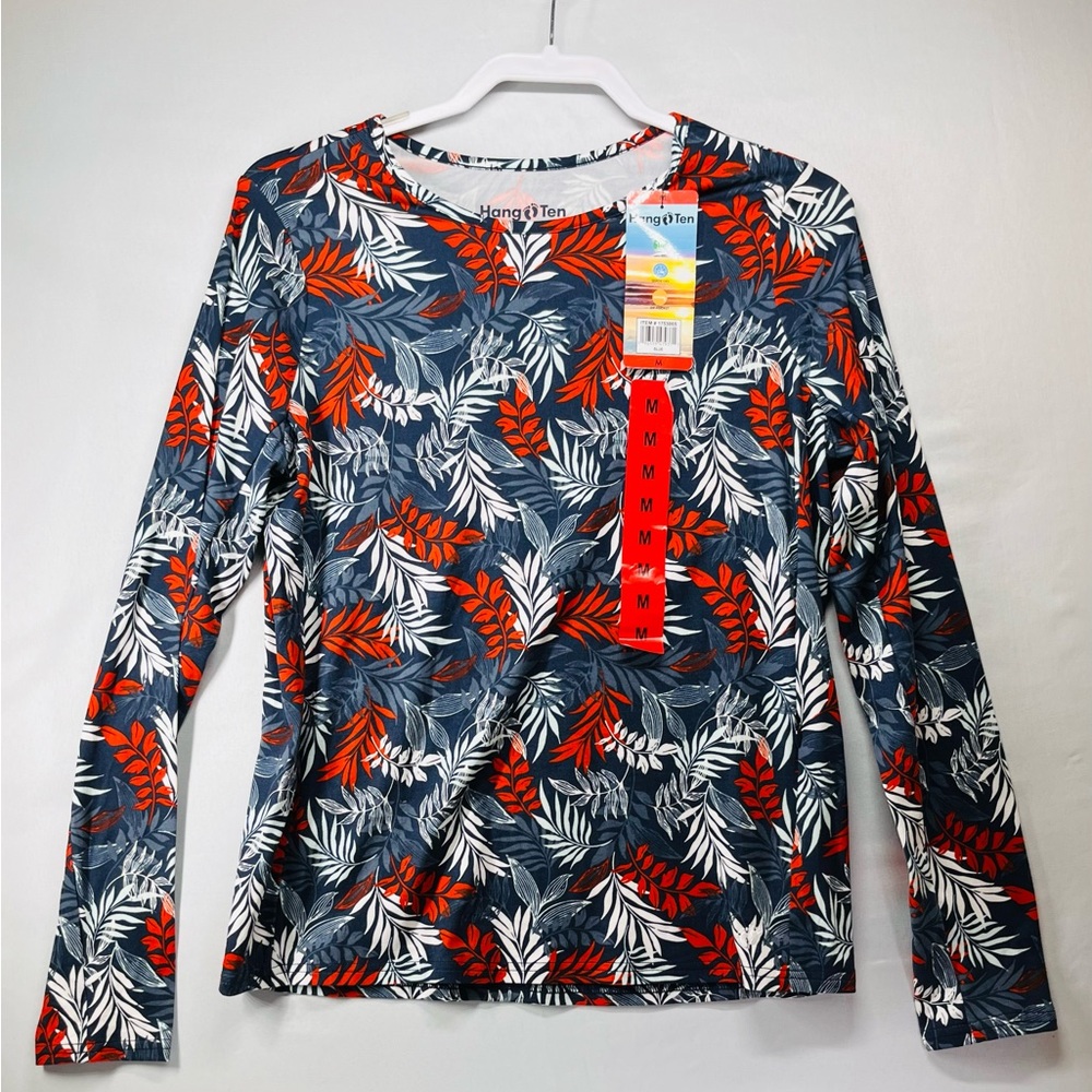 Hang Ten Women's Leaf Print Long Sleeve Coverup - Red, White, and Blue